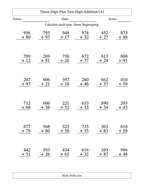 The Three-Digit Plus Two-Digit Addition With Some Regrouping – 36 Questions (All) Math Worksheet