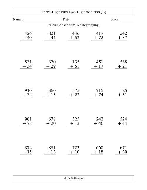 The 3-Digit Plus 2-Digit Addition with NO Regrouping (B) Math Worksheet