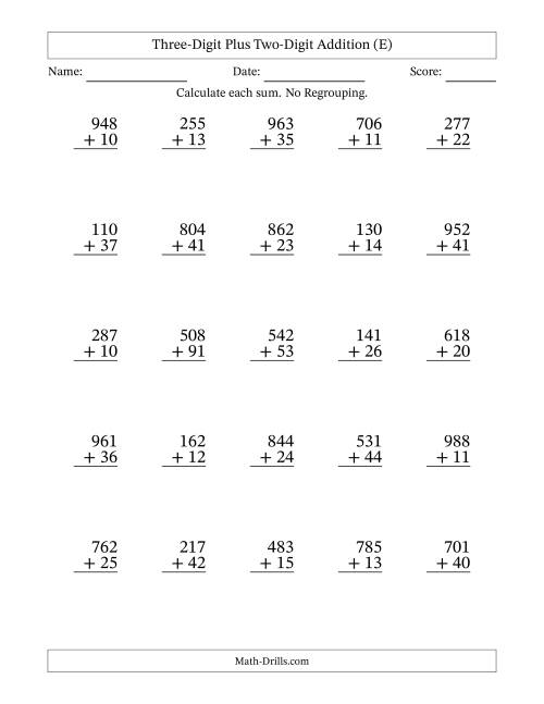 The Three-Digit Plus Two-Digit Addition With No Regrouping – 25 Questions (E) Math Worksheet
