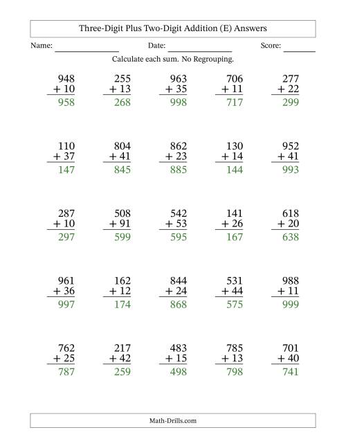 The Three-Digit Plus Two-Digit Addition With No Regrouping – 25 Questions (E) Math Worksheet Page 2
