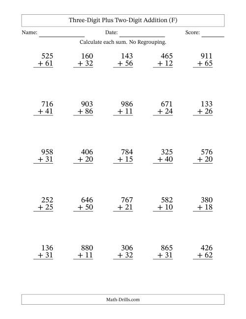 The 3-Digit Plus 2-Digit Addition with NO Regrouping (F) Math Worksheet