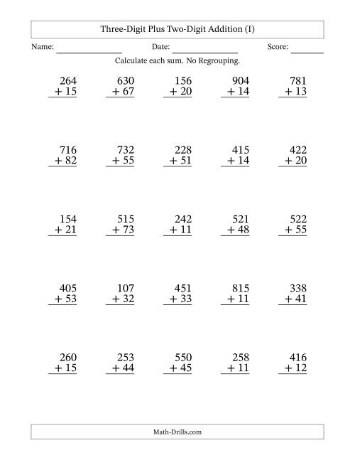 The 3-Digit Plus 2-Digit Addition with NO Regrouping (I) Math Worksheet