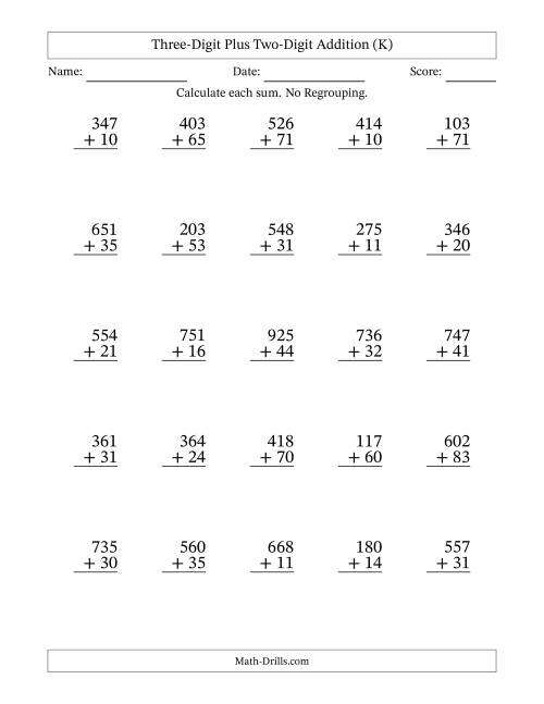 The Three-Digit Plus Two-Digit Addition With No Regrouping – 25 Questions (K) Math Worksheet
