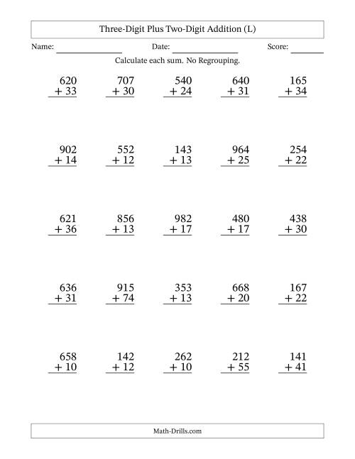 The Three-Digit Plus Two-Digit Addition With No Regrouping – 25 Questions (L) Math Worksheet