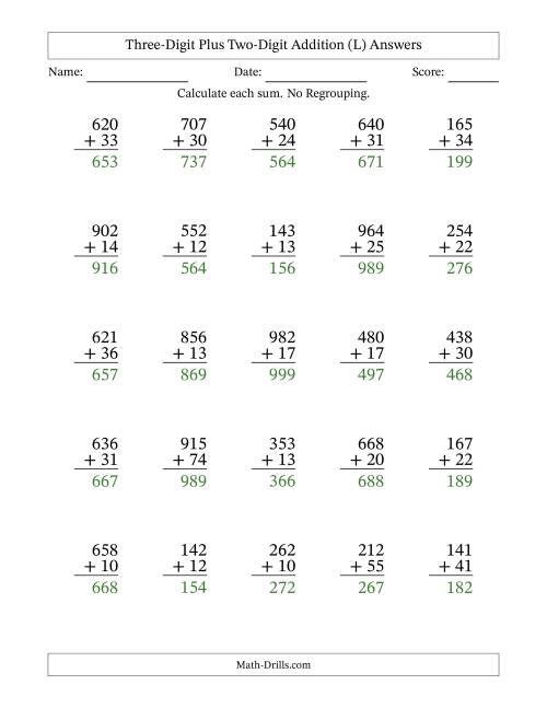 The Three-Digit Plus Two-Digit Addition With No Regrouping – 25 Questions (L) Math Worksheet Page 2