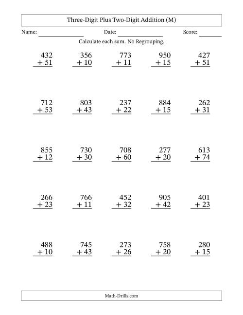 The Three-Digit Plus Two-Digit Addition With No Regrouping – 25 Questions (M) Math Worksheet