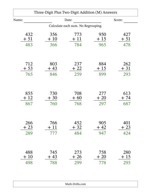 The Three-Digit Plus Two-Digit Addition With No Regrouping – 25 Questions (M) Math Worksheet Page 2