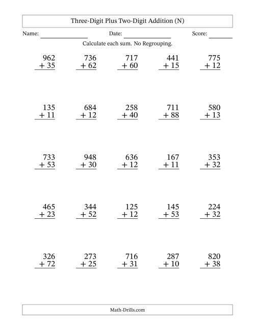 The Three-Digit Plus Two-Digit Addition With No Regrouping – 25 Questions (N) Math Worksheet