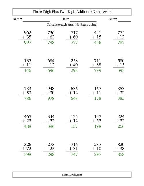 The Three-Digit Plus Two-Digit Addition With No Regrouping – 25 Questions (N) Math Worksheet Page 2