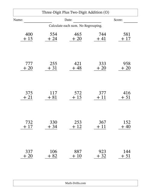 The Three-Digit Plus Two-Digit Addition With No Regrouping – 25 Questions (O) Math Worksheet