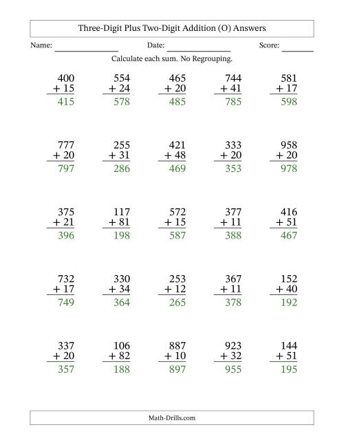 The Three-Digit Plus Two-Digit Addition With No Regrouping – 25 Questions (O) Math Worksheet Page 2