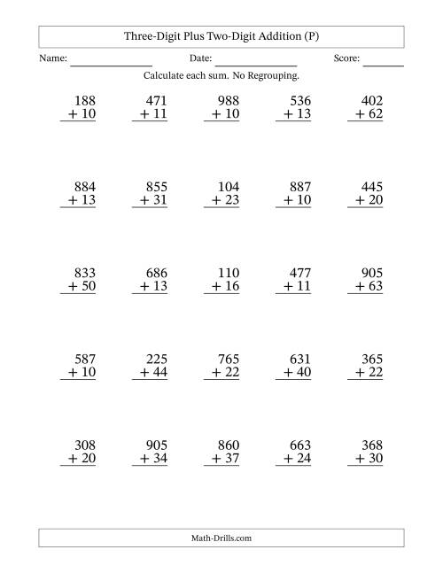 The Three-Digit Plus Two-Digit Addition With No Regrouping – 25 Questions (P) Math Worksheet
