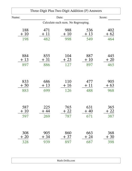 The Three-Digit Plus Two-Digit Addition With No Regrouping – 25 Questions (P) Math Worksheet Page 2