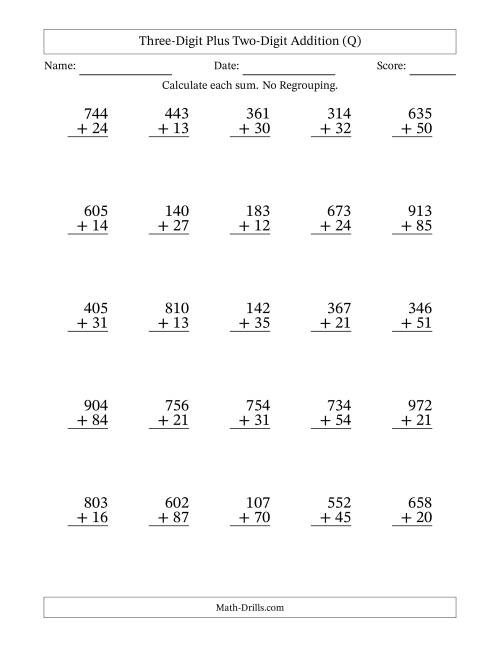 The Three-Digit Plus Two-Digit Addition With No Regrouping – 25 Questions (Q) Math Worksheet
