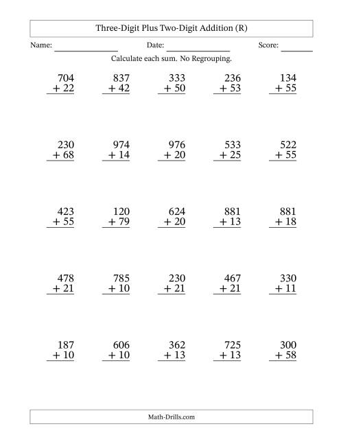 The Three-Digit Plus Two-Digit Addition With No Regrouping – 25 Questions (R) Math Worksheet