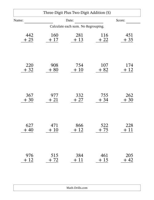 The Three-Digit Plus Two-Digit Addition With No Regrouping – 25 Questions (S) Math Worksheet