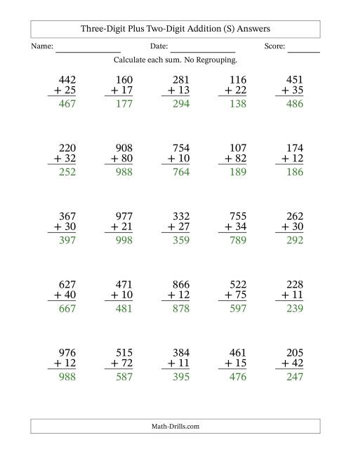 The Three-Digit Plus Two-Digit Addition With No Regrouping – 25 Questions (S) Math Worksheet Page 2