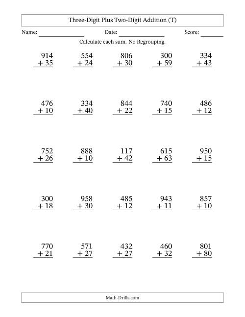 The Three-Digit Plus Two-Digit Addition With No Regrouping – 25 Questions (T) Math Worksheet