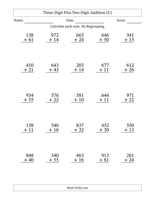 The Three-Digit Plus Two-Digit Addition With No Regrouping – 25 Questions (U) Math Worksheet