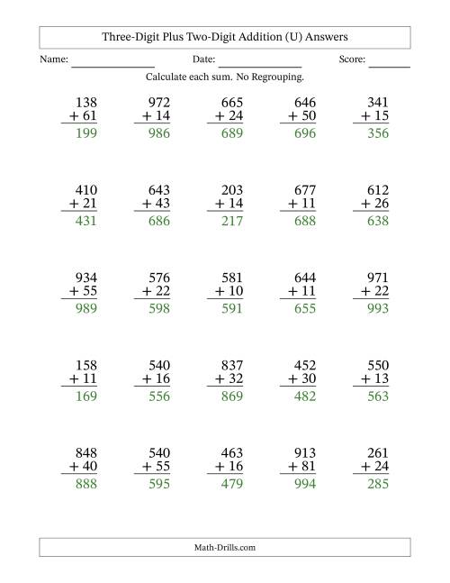 The Three-Digit Plus Two-Digit Addition With No Regrouping – 25 Questions (U) Math Worksheet Page 2