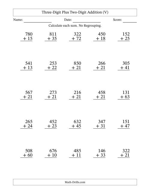 The Three-Digit Plus Two-Digit Addition With No Regrouping – 25 Questions (V) Math Worksheet