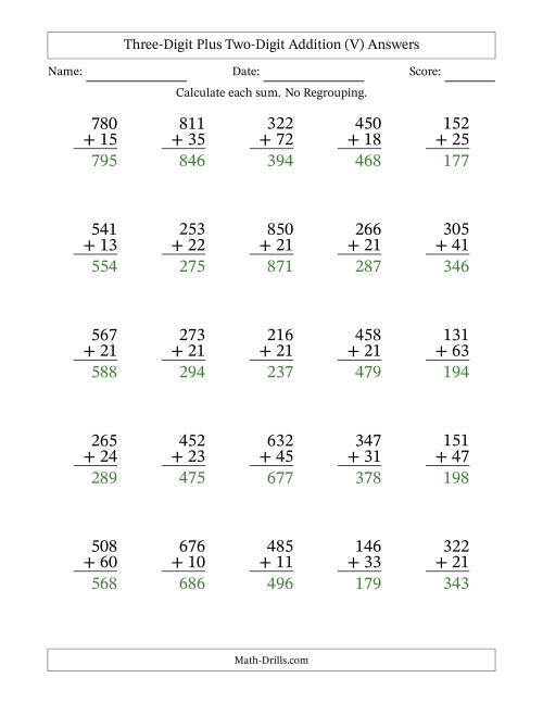 The Three-Digit Plus Two-Digit Addition With No Regrouping – 25 Questions (V) Math Worksheet Page 2