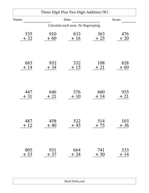 The Three-Digit Plus Two-Digit Addition With No Regrouping – 25 Questions (W) Math Worksheet