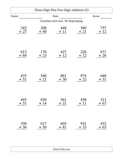 The Three-Digit Plus Two-Digit Addition With No Regrouping – 25 Questions (X) Math Worksheet