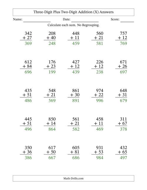 The Three-Digit Plus Two-Digit Addition With No Regrouping – 25 Questions (X) Math Worksheet Page 2
