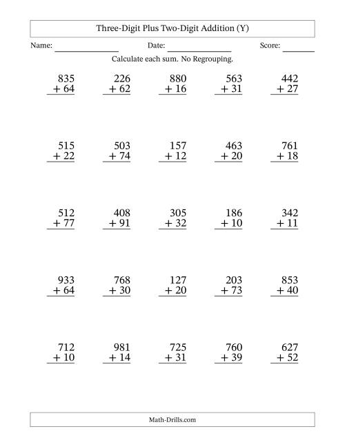 The Three-Digit Plus Two-Digit Addition With No Regrouping – 25 Questions (Y) Math Worksheet