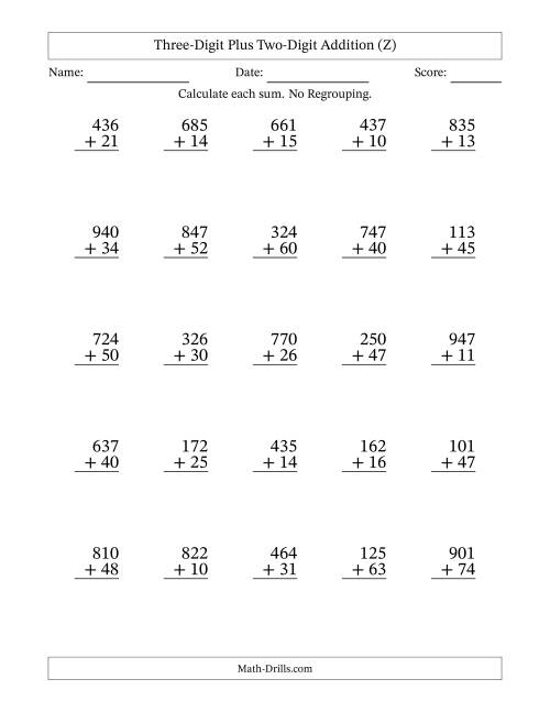 The Three-Digit Plus Two-Digit Addition With No Regrouping – 25 Questions (Z) Math Worksheet