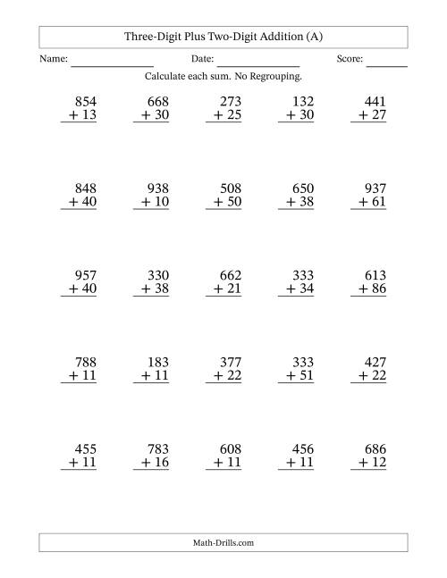 The 3-Digit Plus 2-Digit Addition with NO Regrouping (All) Math Worksheet
