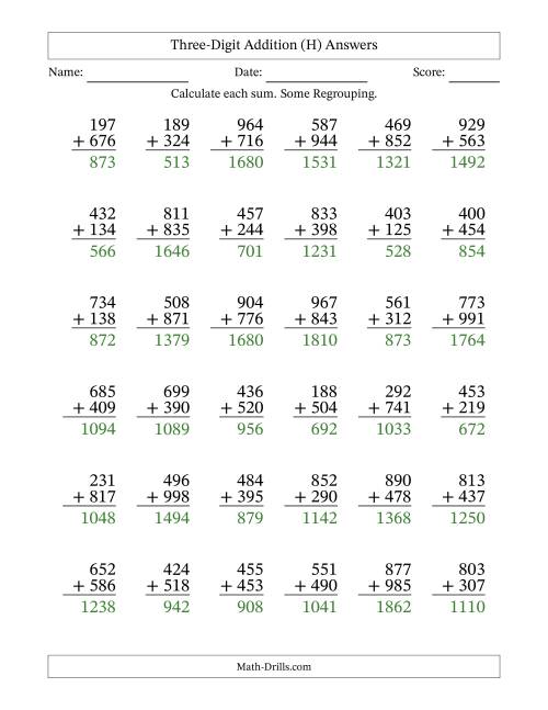 Three-Digit Addition -- 36 Questions (H)