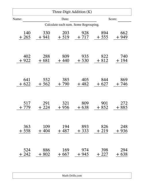 The Three-Digit Addition With Some Regrouping – 36 Questions (K) Math Worksheet