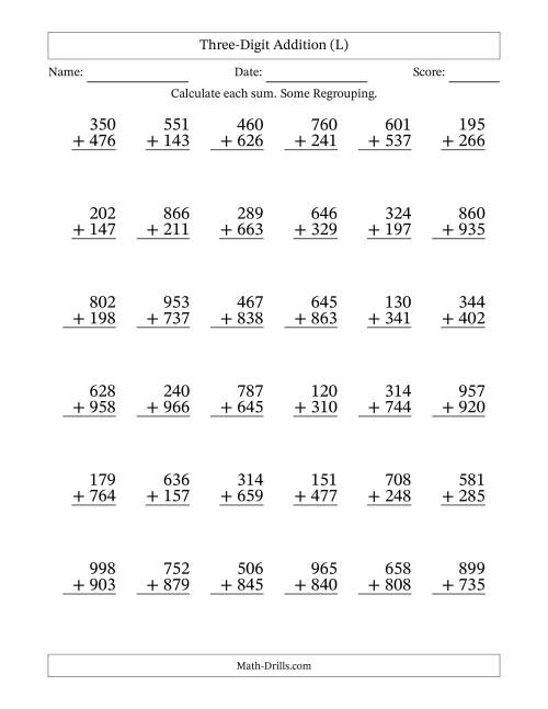 The Three-Digit Addition With Some Regrouping – 36 Questions (L) Math Worksheet