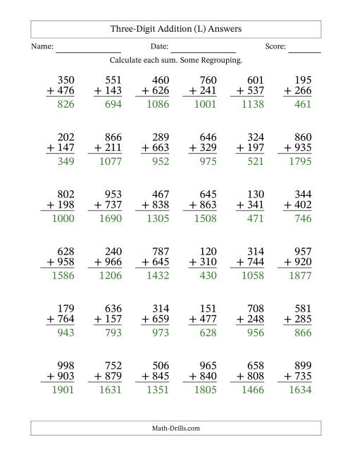The Three-Digit Addition With Some Regrouping – 36 Questions (L) Math Worksheet Page 2