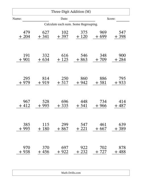 The Three-Digit Addition With Some Regrouping – 36 Questions (M) Math Worksheet