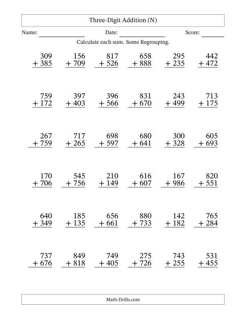 The Three-Digit Addition With Some Regrouping – 36 Questions (N) Math Worksheet