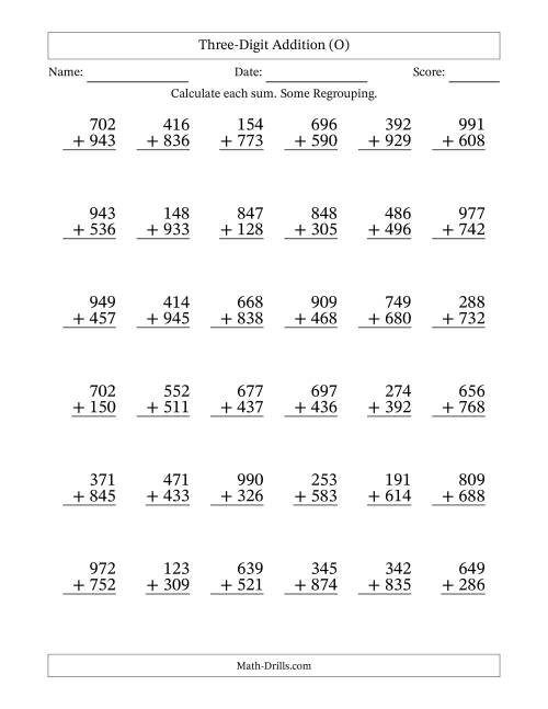The Three-Digit Addition With Some Regrouping – 36 Questions (O) Math Worksheet