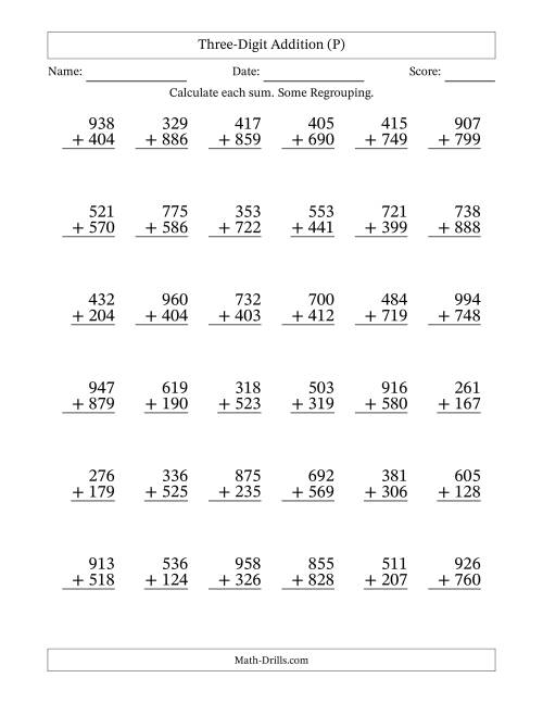 The Three-Digit Addition With Some Regrouping – 36 Questions (P) Math Worksheet