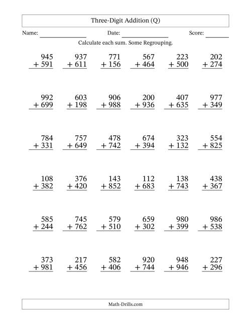 The Three-Digit Addition With Some Regrouping – 36 Questions (Q) Math Worksheet