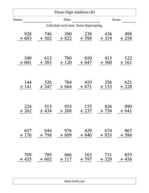 The Three-Digit Addition With Some Regrouping – 36 Questions (R) Math Worksheet