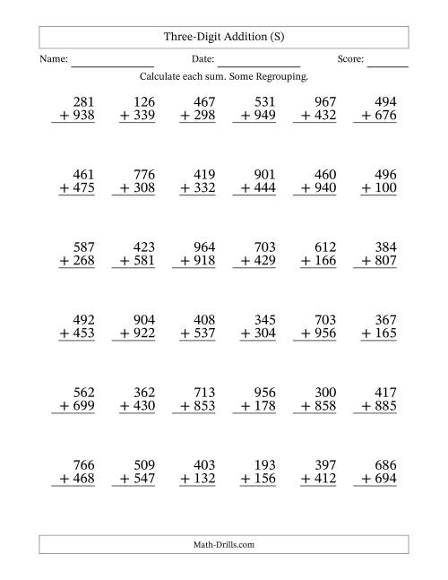 The Three-Digit Addition With Some Regrouping – 36 Questions (S) Math Worksheet