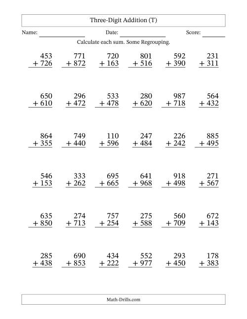The Three-Digit Addition With Some Regrouping – 36 Questions (T) Math Worksheet