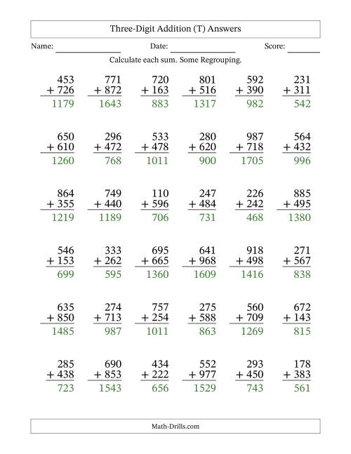 The Three-Digit Addition With Some Regrouping – 36 Questions (T) Math Worksheet Page 2