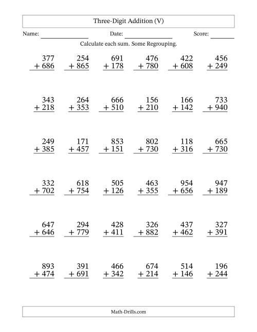 The Three-Digit Addition With Some Regrouping – 36 Questions (V) Math Worksheet