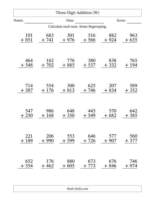 The Three-Digit Addition With Some Regrouping – 36 Questions (W) Math Worksheet