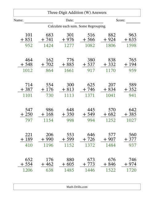 The Three-Digit Addition With Some Regrouping – 36 Questions (W) Math Worksheet Page 2