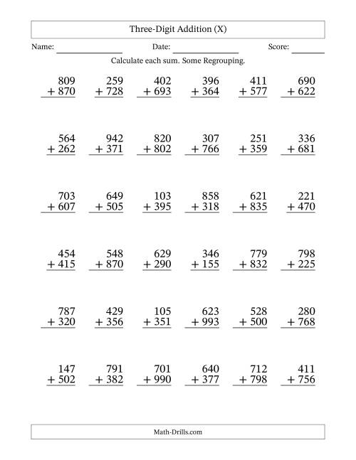 The Three-Digit Addition With Some Regrouping – 36 Questions (X) Math Worksheet