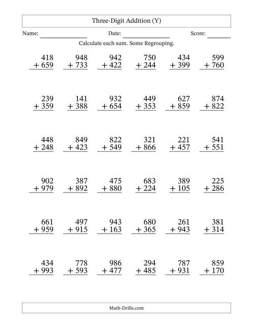 The Three-Digit Addition With Some Regrouping – 36 Questions (Y) Math Worksheet